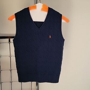 Polo Ralph Lauren Boys Size Medium (8-10) Sweater Vest Cable Knit Blue V Neck